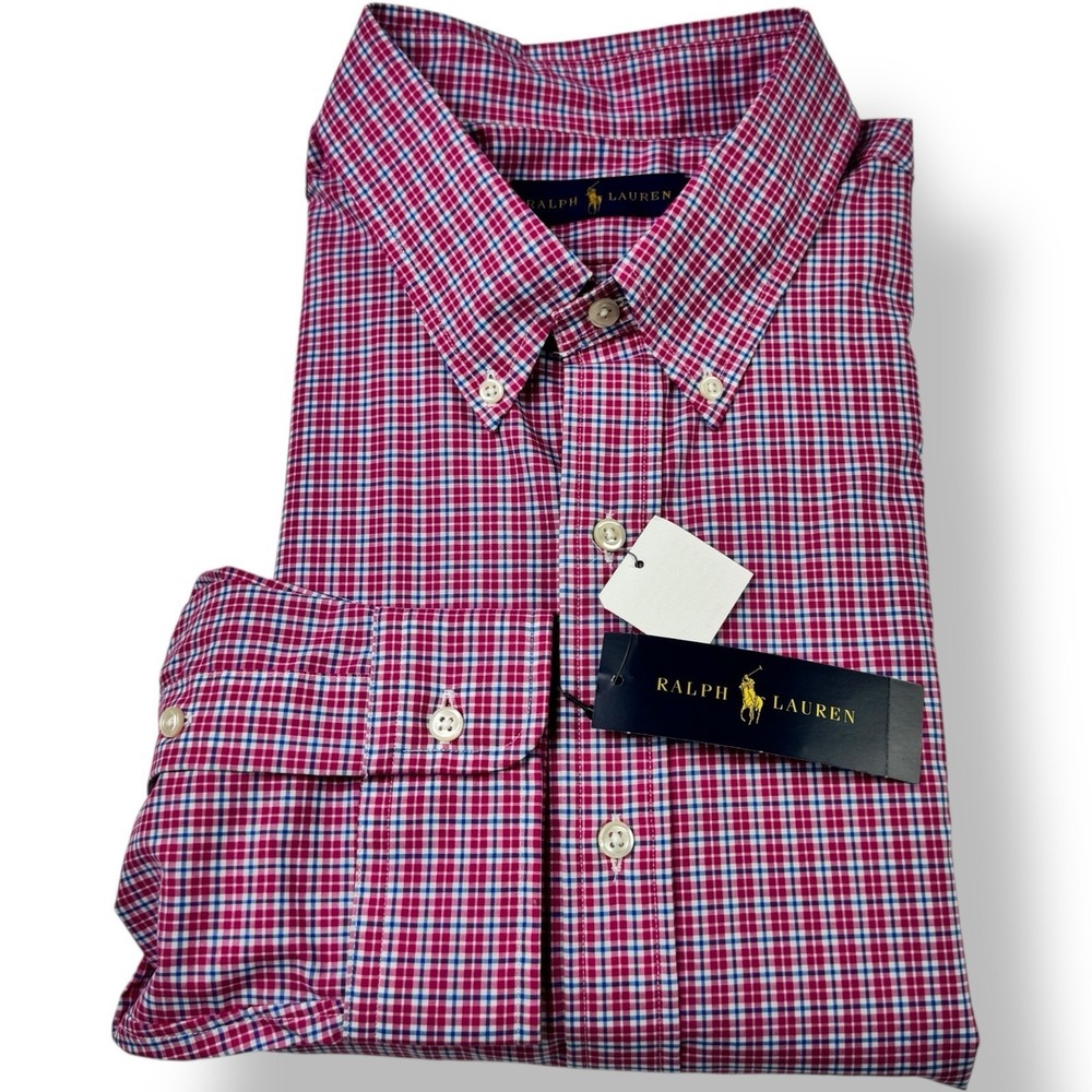 Ralph Lauren Red‎ Blue White Check Button Down Performance Cotton Shirt XL NWT